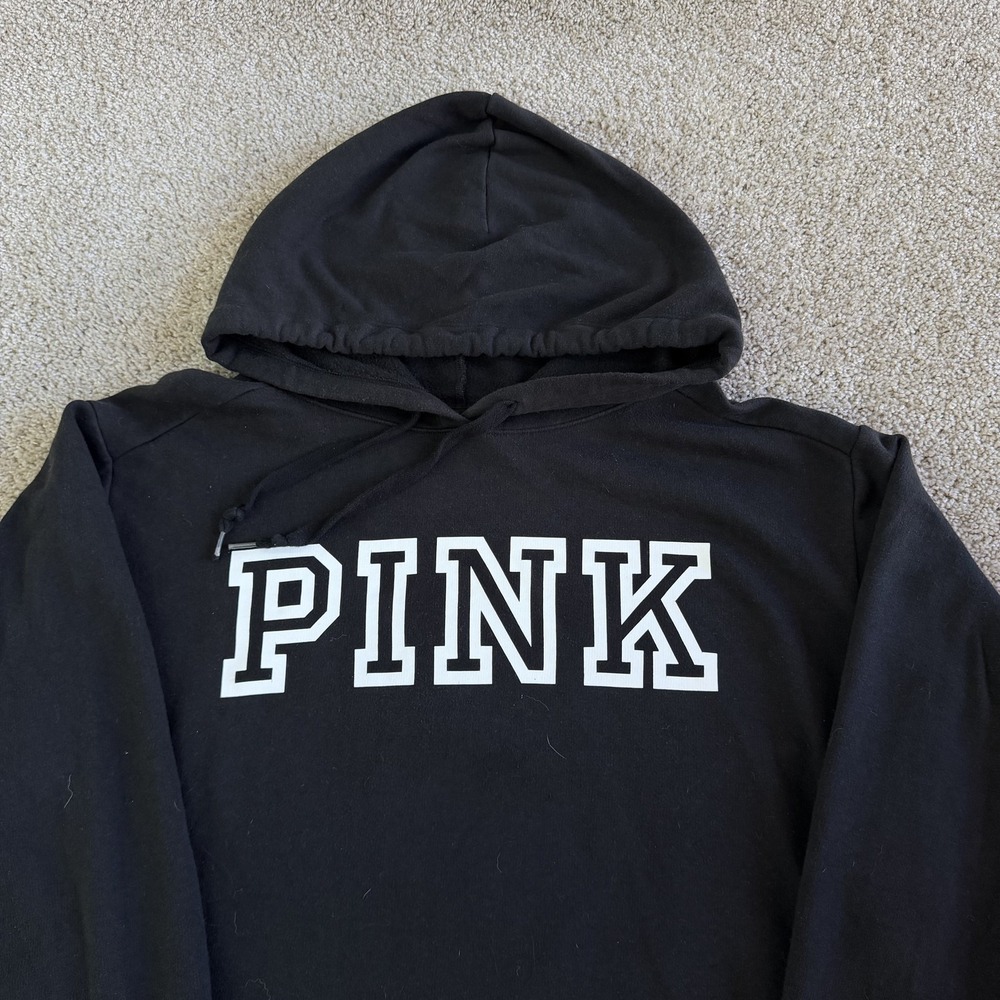 PINK Victoria's Secret Hoodie Womens XL Black Fleece Logo Graphic Pullover